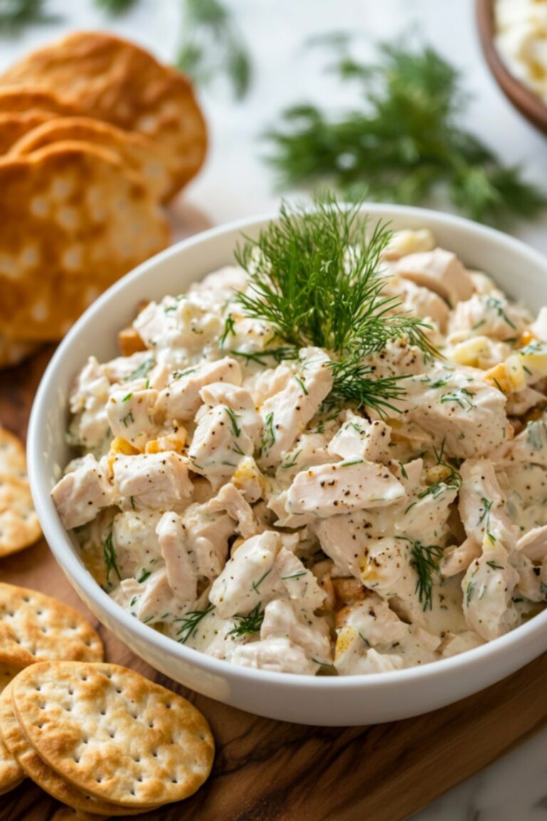 A close-up of homemade chicken salad with fresh dill, seasoned with black pepper, served with crackers. A healthy, creamy chicken salad recipe.