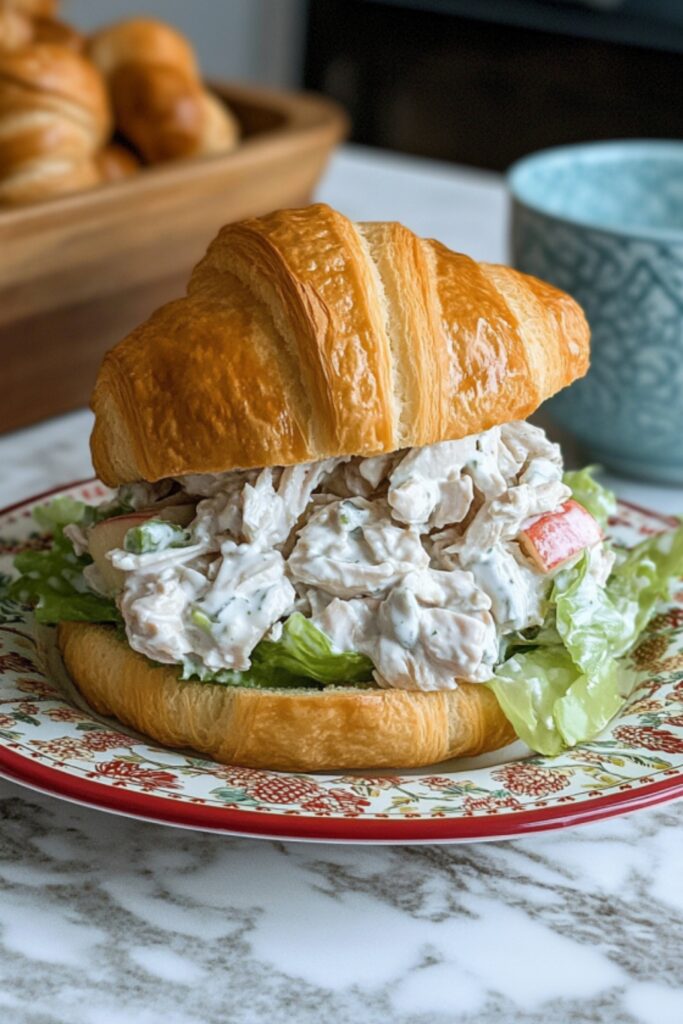 Fresh croissant filled with creamy chicken salad mixed with Cool Whip, celery, and apples, served on a decorative plate