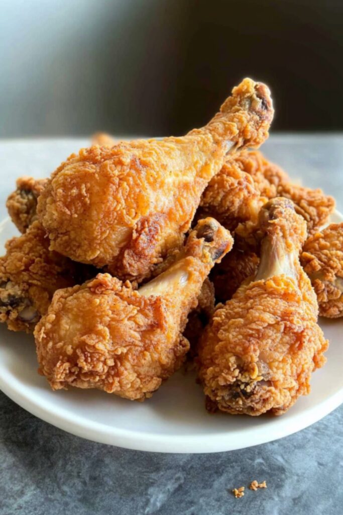 A close-up shot of golden, crispy fried chicken drumsticks stacked on a white plate.