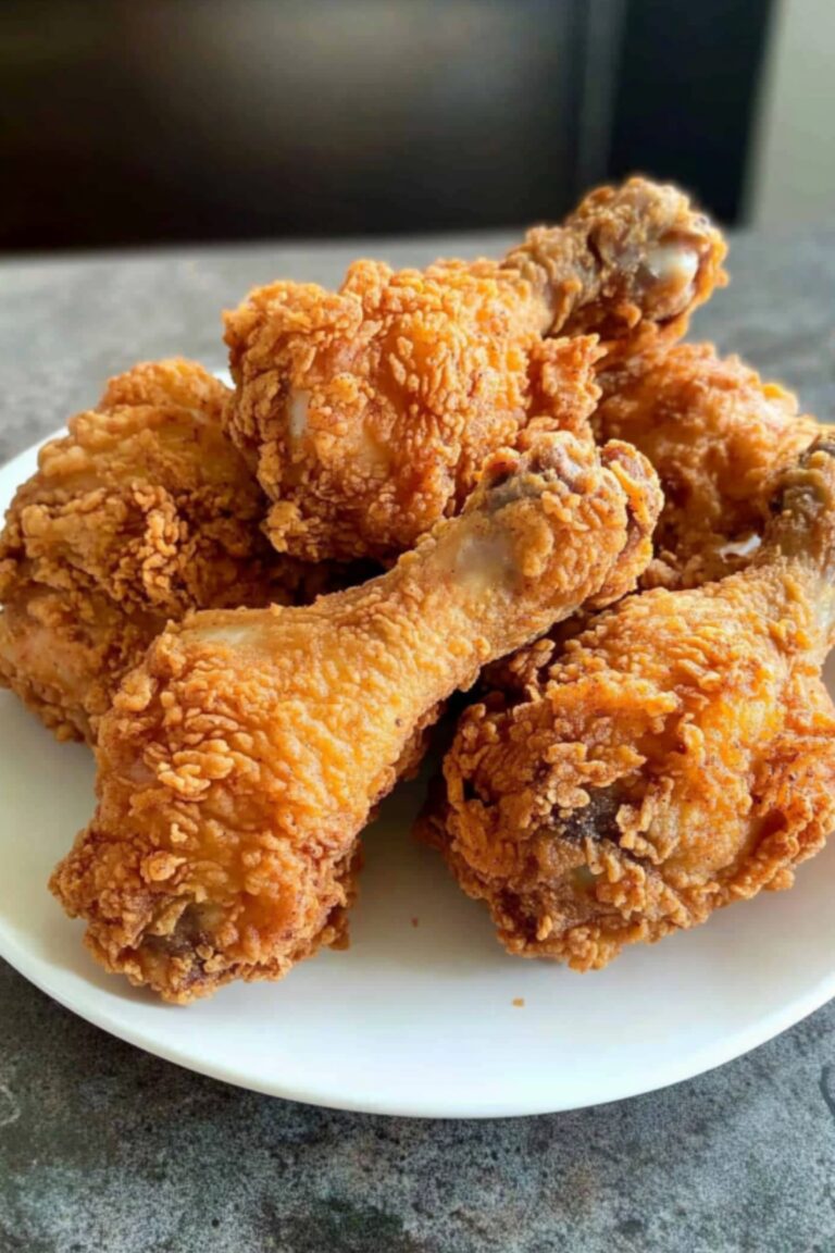 A plate of golden, crispy homemade KFC-style fried chicken drumsticks with a crunchy coating.