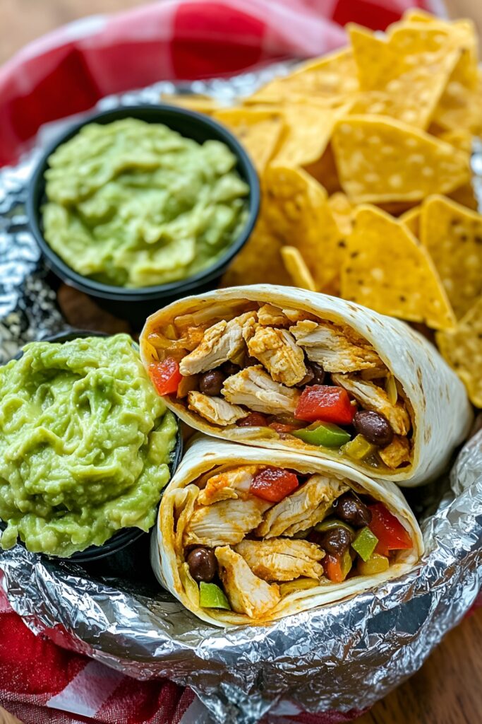 A close-up of a sliced chicken burrito filled with juicy seasoned chicken, black beans, and veggies, served with guacamole and tortilla chips.