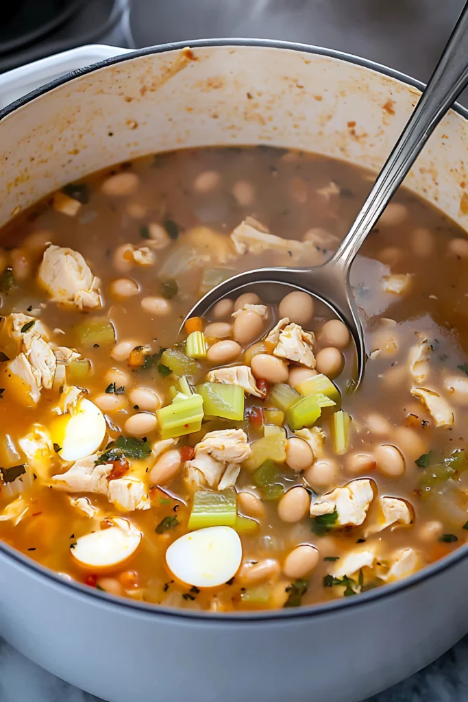 A ladle scooping hearty high protein chicken noodle soup with tender chicken, beans, celery, and flavorful broth