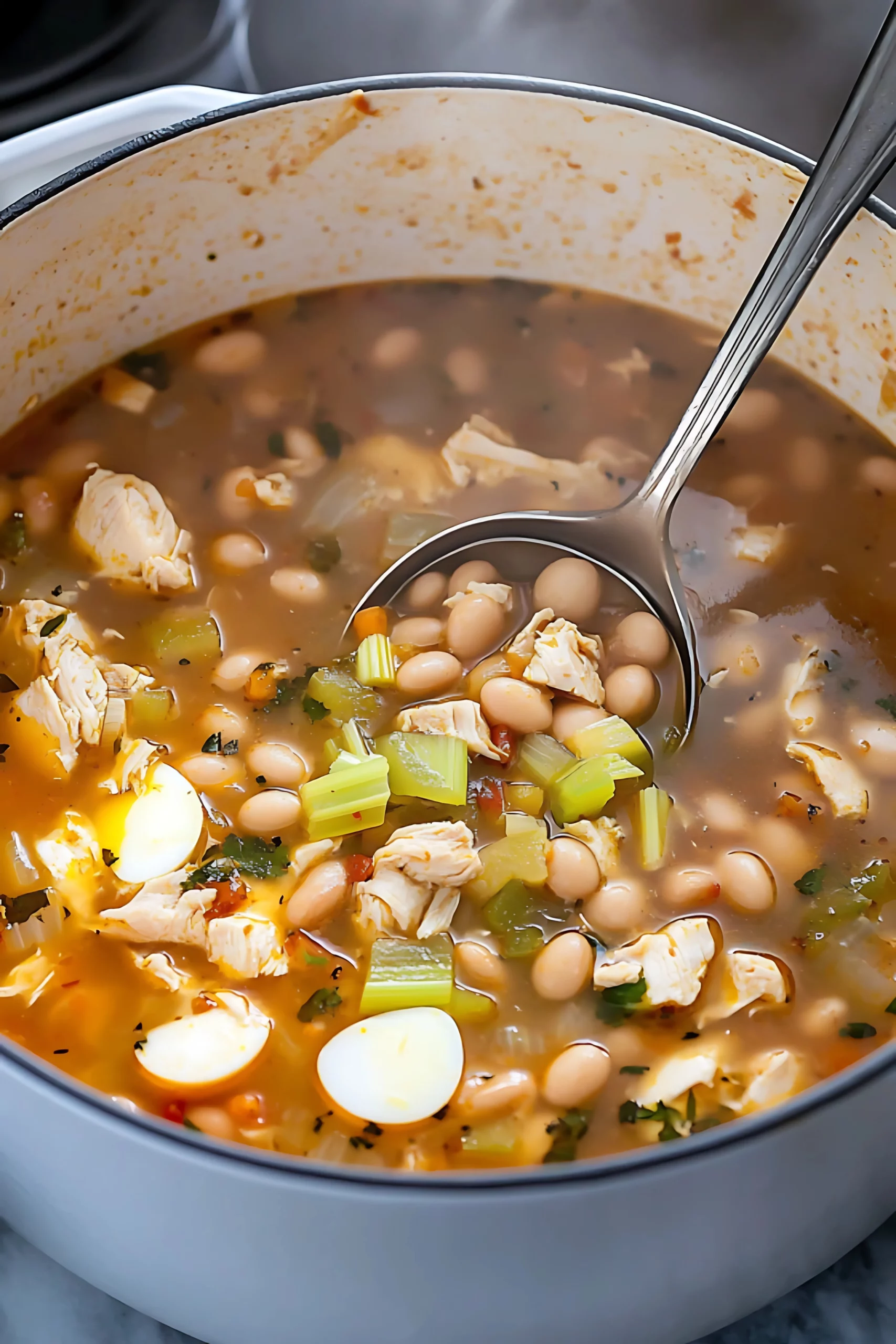 A ladle scooping hearty high protein chicken noodle soup with tender chicken, beans, celery, and flavorful broth