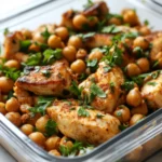 Protein-rich chicken breast bites with chickpeas, seasoned and garnished with fresh parsley in a glass container.