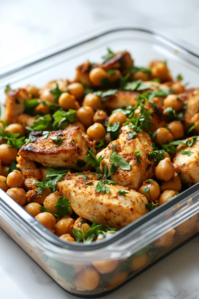 Protein-rich chicken breast bites with chickpeas, seasoned and garnished with fresh parsley in a glass container.