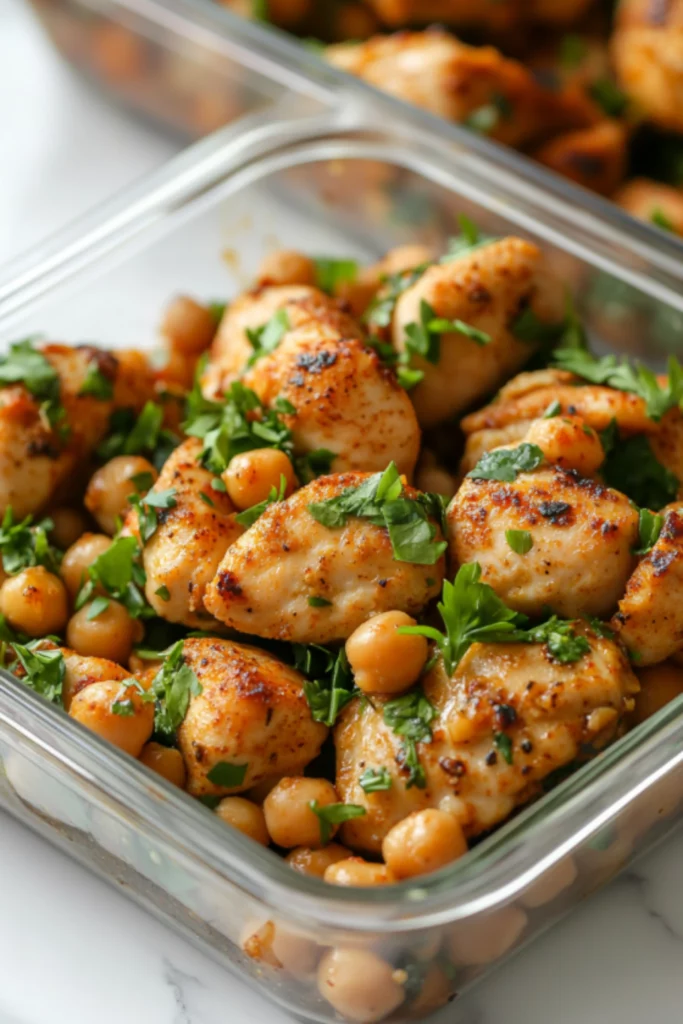Juicy grilled chicken breast pieces with chickpeas and fresh parsley served in a glass meal prep container for a high-protein healthy meal.