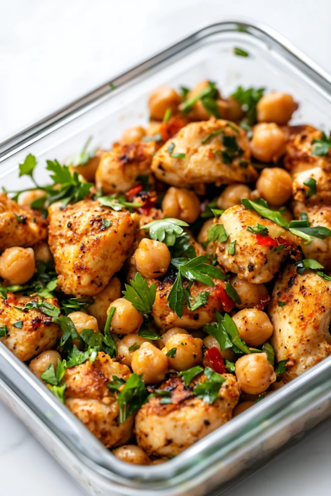 Tender chicken breast pieces mixed with chickpeas and herbs, seasoned with cumin and paprika, ideal for a protein-packed meal prep.