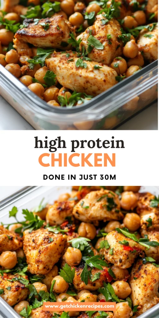 High protein chicken recipe with chickpeas, garlic, and parsley served in a meal prep container, ready in just 30 minutes.