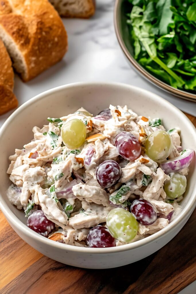 A bowl of high-protein chicken salad with grapes and almonds, served alongside fresh greens and crusty bread.