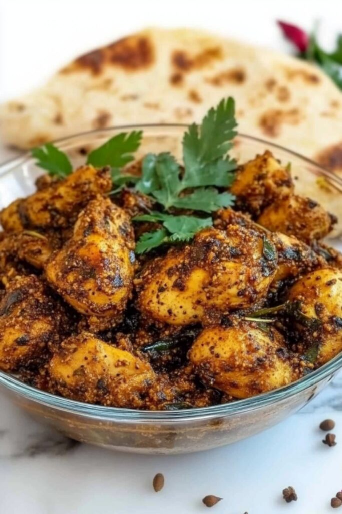 Close-up of Jeera Chicken fry coated in roasted cumin and spice masala, topped with coriander leaves, and served with naan.