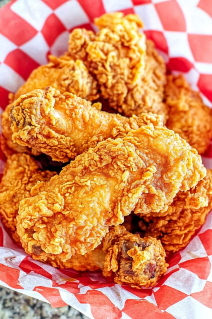 Golden crispy homemade KFC fried chicken drumsticks served in a basket lined with red checkered paper.