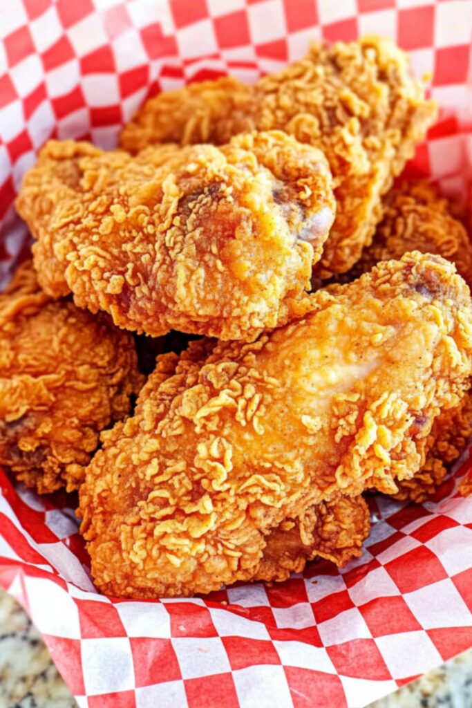Juicy and crispy KFC style fried chicken pieces served in a red and white checkered paper-lined basket.