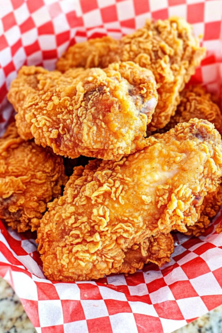Juicy and crispy KFC style fried chicken pieces served in a red and white checkered paper-lined basket.