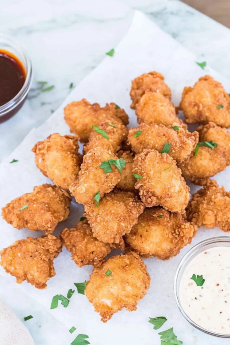 Freshly fried crispy chicken nuggets sprinkled with parsley, served on parchment paper with ranch and barbecue sauce bowls