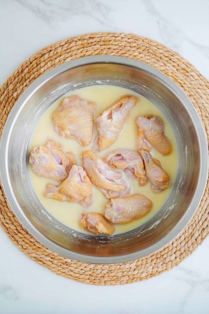Raw chicken pieces soaking in a creamy buttermilk and egg mixture in a metal bowl, prepping for fried chicken.
