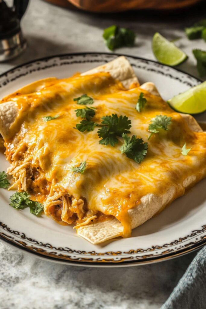 Close-up of cheesy smoked chicken enchiladas fresh out of the oven, garnished with cilantro and served with lime wedges