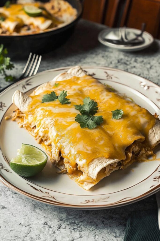 Plate of baked smoked chicken enchiladas topped with melted cheese and cilantro, served with a lime wedge
