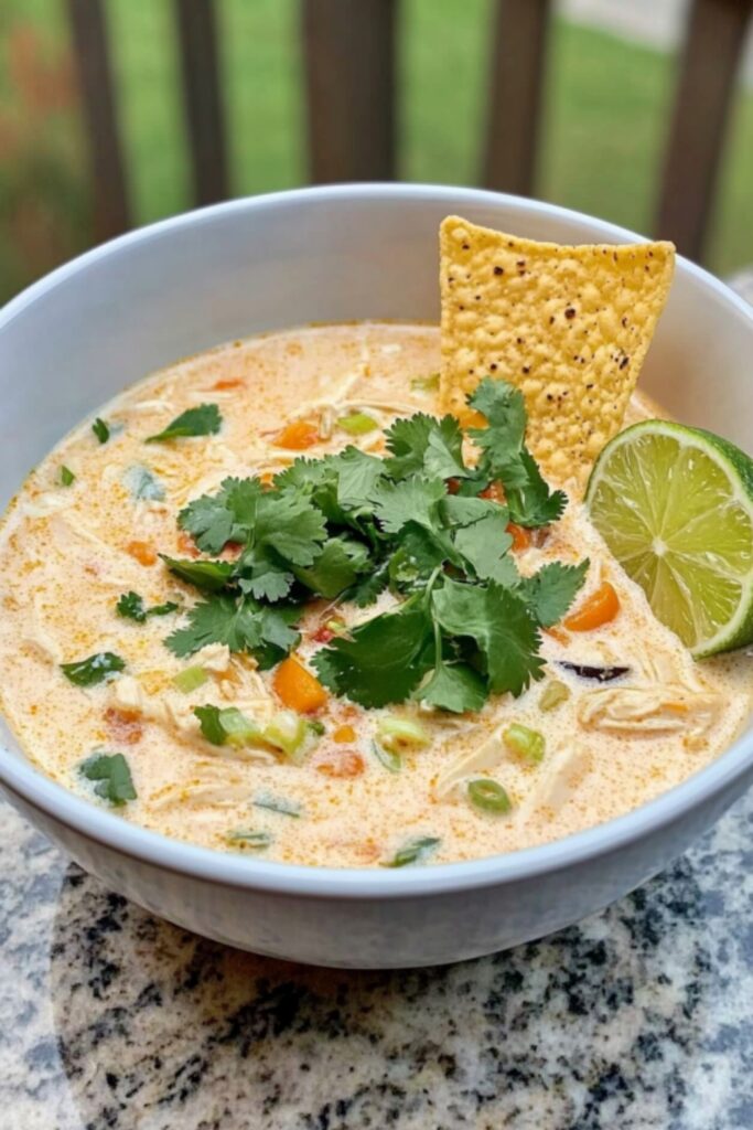 A bowl of creamy white chicken chili filled with shredded chicken, colorful vegetables, and a rich, seasoned broth, topped with cilantro, tortilla chips, and lime.