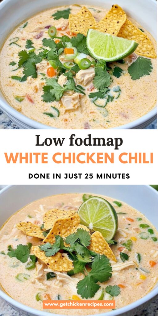 A visually appealing Pinterest pin featuring a creamy bowl of low FODMAP white chicken chili, highlighted with bold text and a website link for the full recipe.