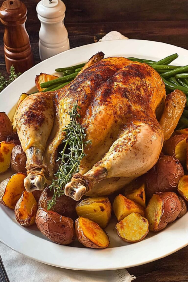 Golden-brown whole roasted chicken garnished with fresh thyme, surrounded by crispy roasted potatoes and green beans on a white serving platter.