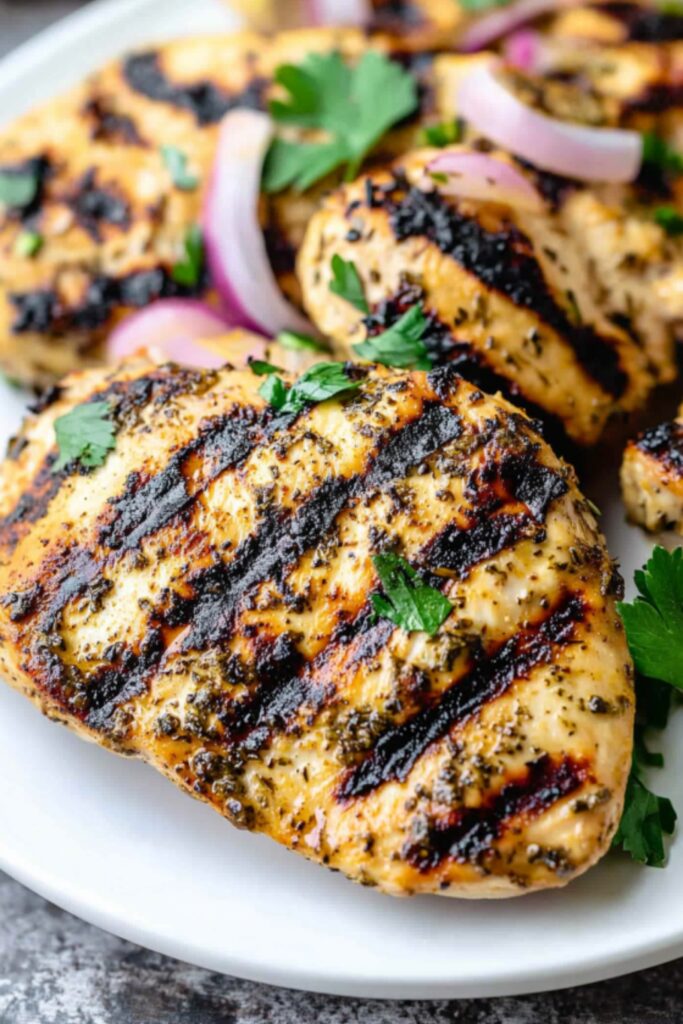 Close-up of grilled chicken breast with charred grill marks, marinated in a flavorful low-salt herb and garlic blend, garnished with fresh parsley and red onion slices.