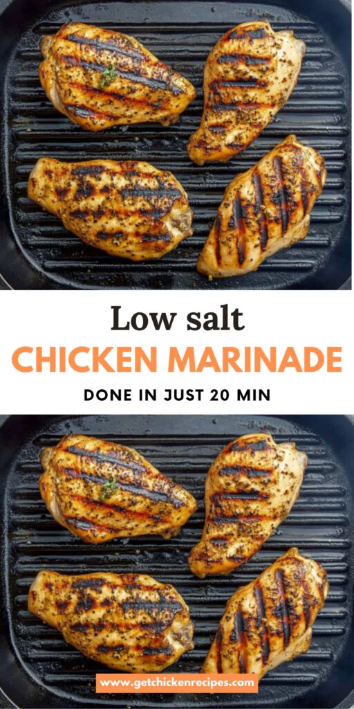 Marinated grilled chicken breasts with beautiful grill marks, featuring text overlay highlighting a quick and easy low-salt chicken marinade recipe.