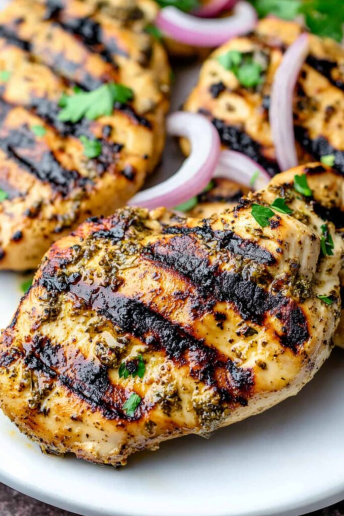 Close-up of perfectly grilled, herb-seasoned chicken breast with fresh parsley and red onion slices on a white plate.