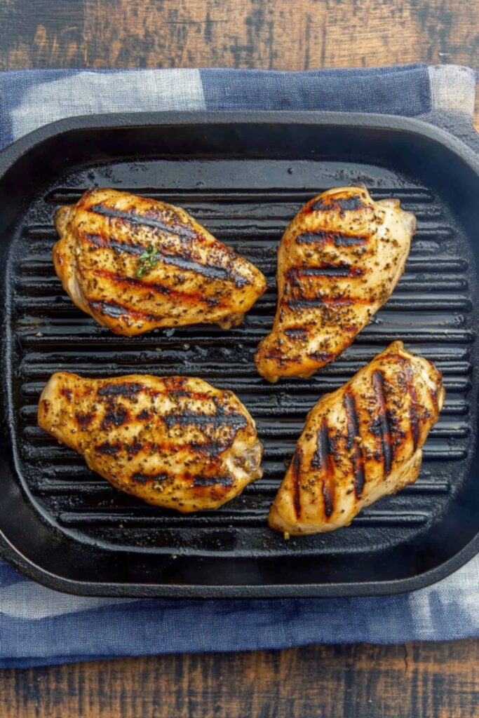 Four marinated chicken breasts cooking on a stovetop grill pan, seared with golden brown grill marks and seasoned with herbs.