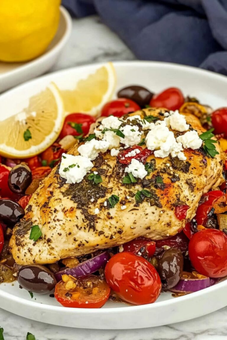 Mediterranean chicken breast topped with crumbled feta cheese, served with roasted cherry tomatoes, Kalamata olives, red onions, and lemon wedges