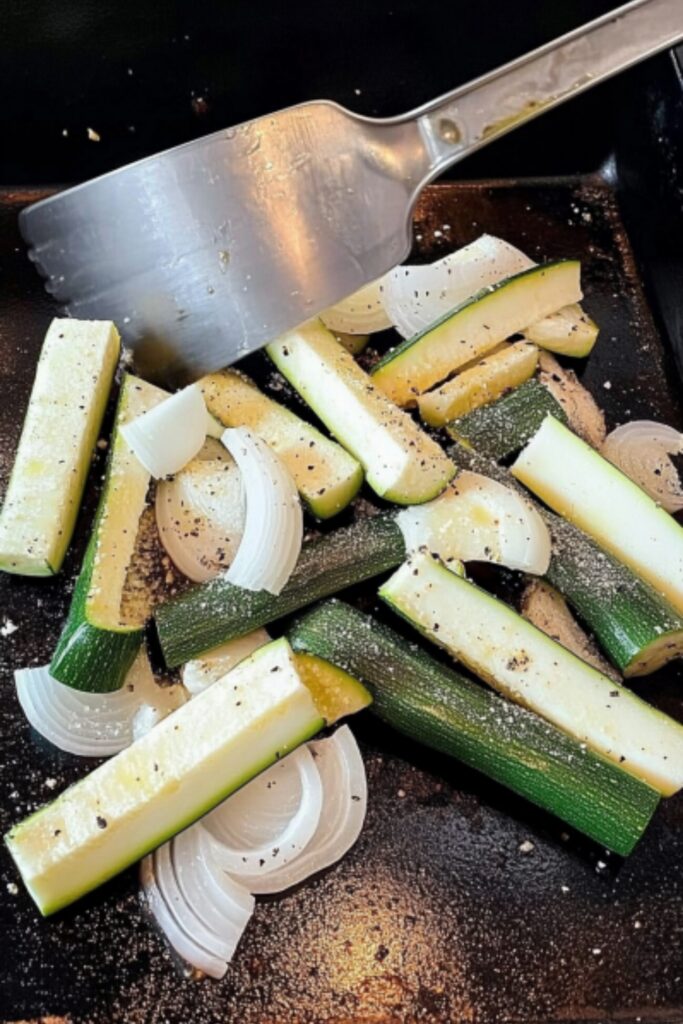 step 2_ Cook the zucchini and onions on the Blackstone griddle