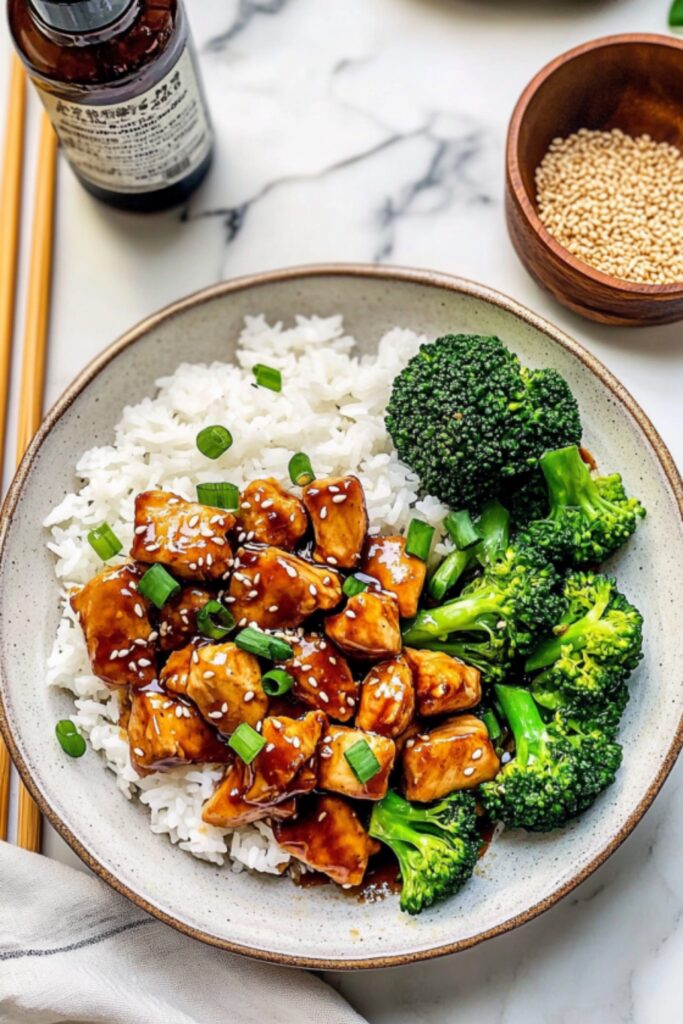 Bowl of fluffy white rice topped with leftover teriyaki chicken pieces, steamed broccoli, and garnished with sesame seeds and green onions.