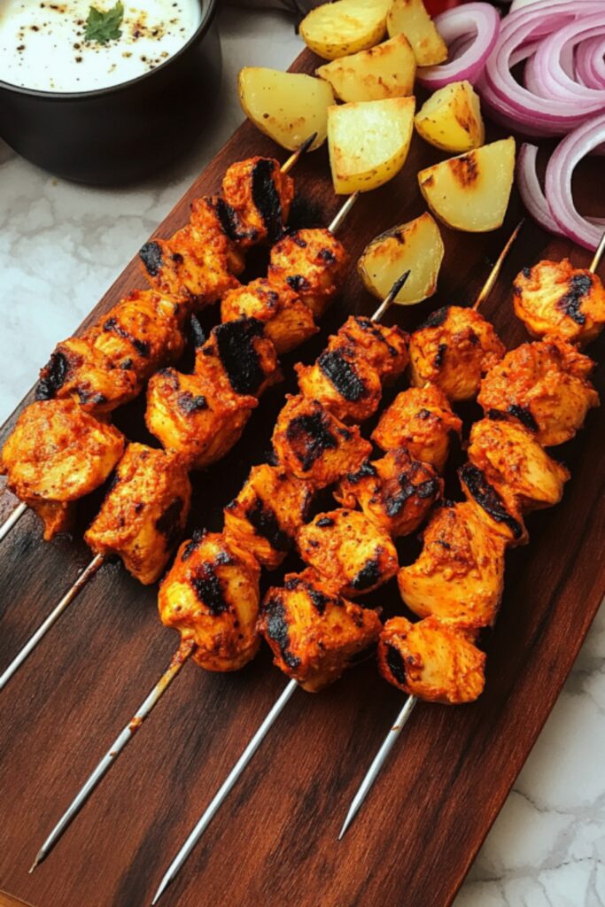 Skewers of charred Turkish chicken kebabs with roasted potatoes and red onions, served on a wooden cutting board.