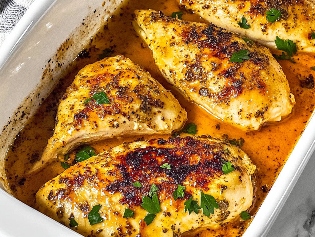 Golden-brown baked chicken breasts in a white baking dish, seasoned with herbs and spices, garnished with fresh parsley and cooked in a flavorful butter sauce.