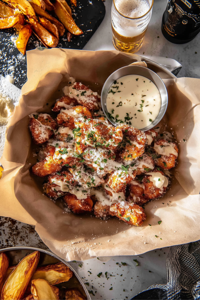 Overhead view of garlic parmesan chicken bites with creamy dipping sauce and fries