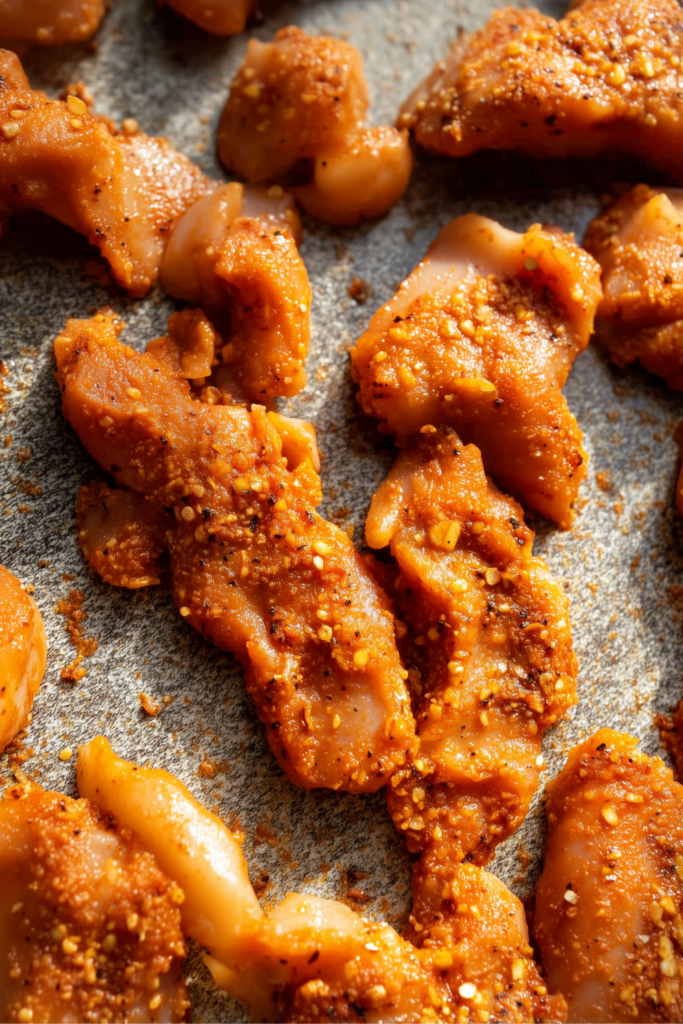 Raw chicken tenderloins coated in garlic parmesan seasoning before baking