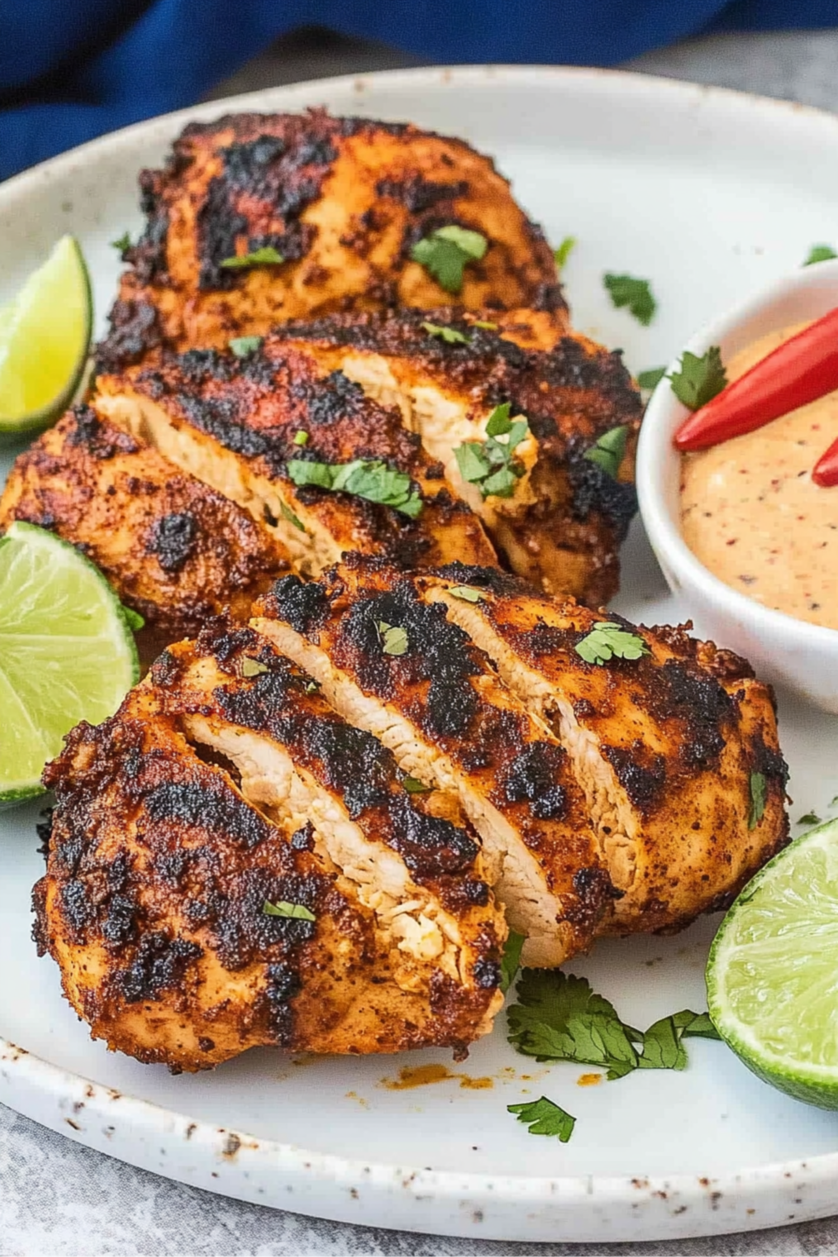 Spicy grilled chipotle chicken breasts garnished with fresh herbs, served with lime wedges and creamy chipotle dipping sauce on a white plate.