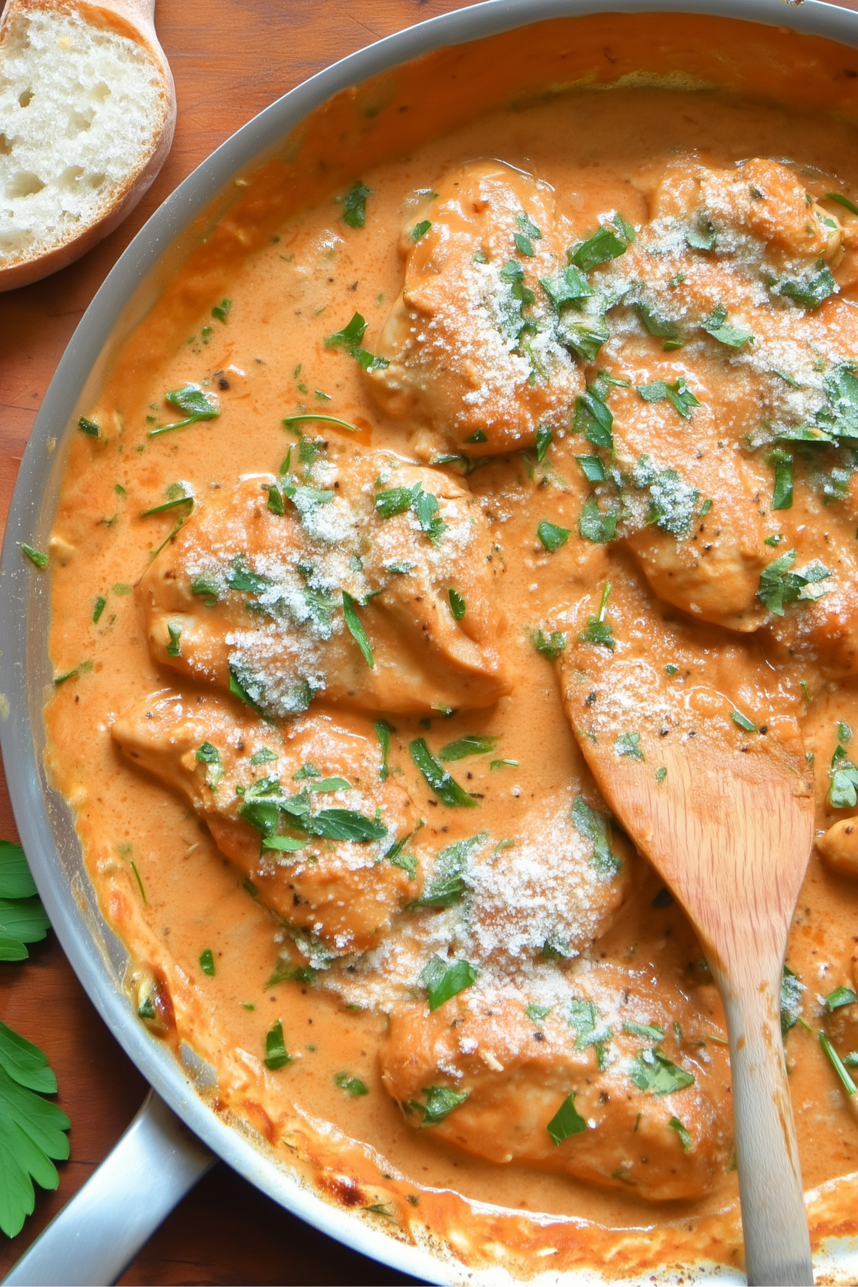 Tender chicken breasts simmered in creamy tomato garlic sauce, topped with parsley and Parmesan.