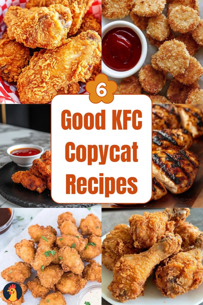 A collage of six crispy homemade KFC-style chicken recipes including fried chicken, nuggets, grilled chicken, and drumsticks with text overlay reading “6 Good KFC Copycat Recipes.”