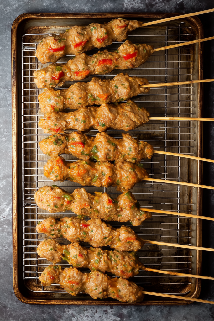 Multiple skewers of seasoned raw chicken kebabs on a wire rack over a baking sheet