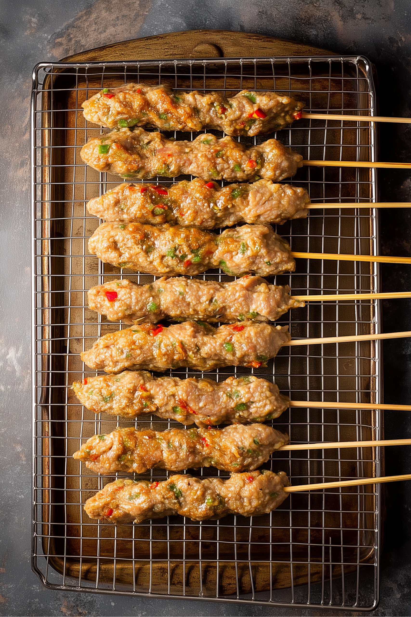 Uncooked chicken Adana kebabs formed on skewers, placed on a wire rack for grilling