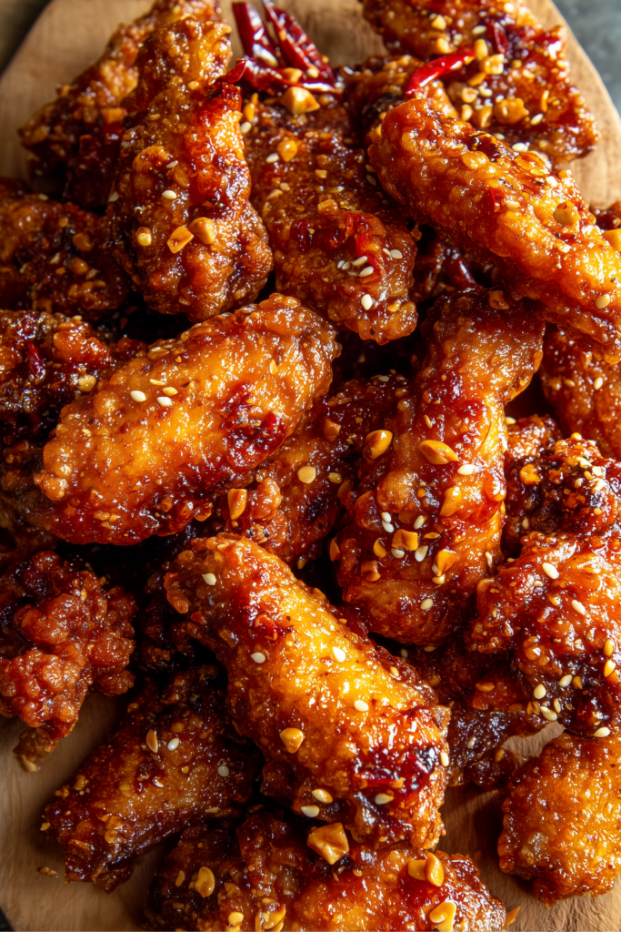 Close-up of crispy Korean fried chicken wings coated in sweet and spicy gochujang sauce, topped with sesame seeds and peanuts