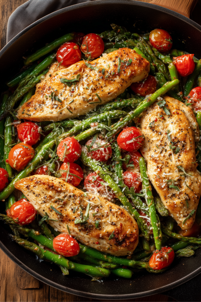 Flavorful chicken breasts cooked in a skillet with vibrant green beans, asparagus, and cherry tomatoes, sprinkled with Parmesan cheese.