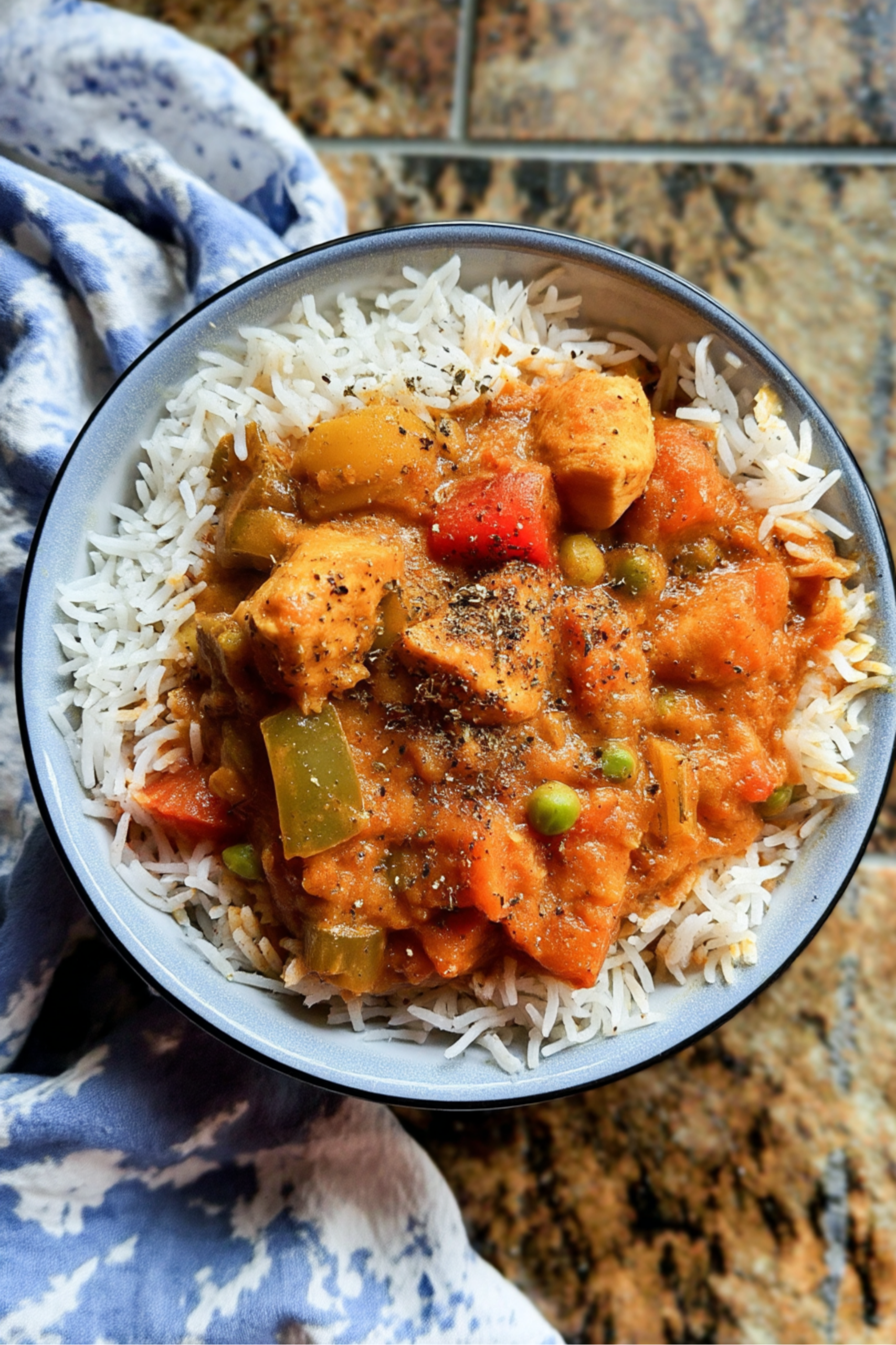 Close-up of low sodium chicken curry with bell peppers, peas, and carrots on a bed of white rice