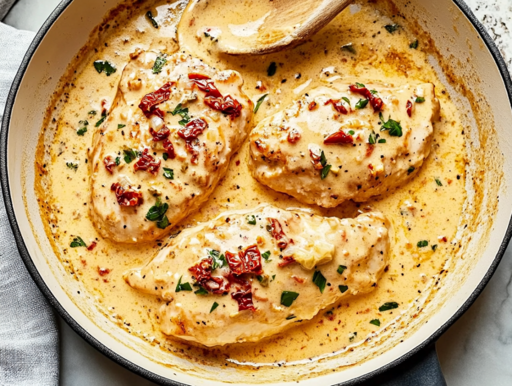 Three tender chicken breasts simmered in a creamy Parmesan garlic sauce with sun-dried tomatoes and herbs in a large white skillet