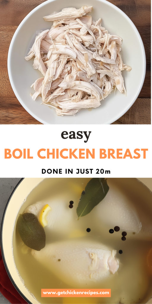 Shredded boiled chicken breast in a bowl above a pot of chicken breasts simmering with bay leaves, peppercorns, and lemon