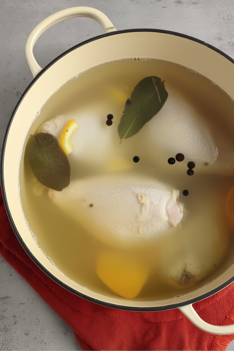 Boiled chicken breasts in broth with bay leaves, peppercorns, and lemon peel