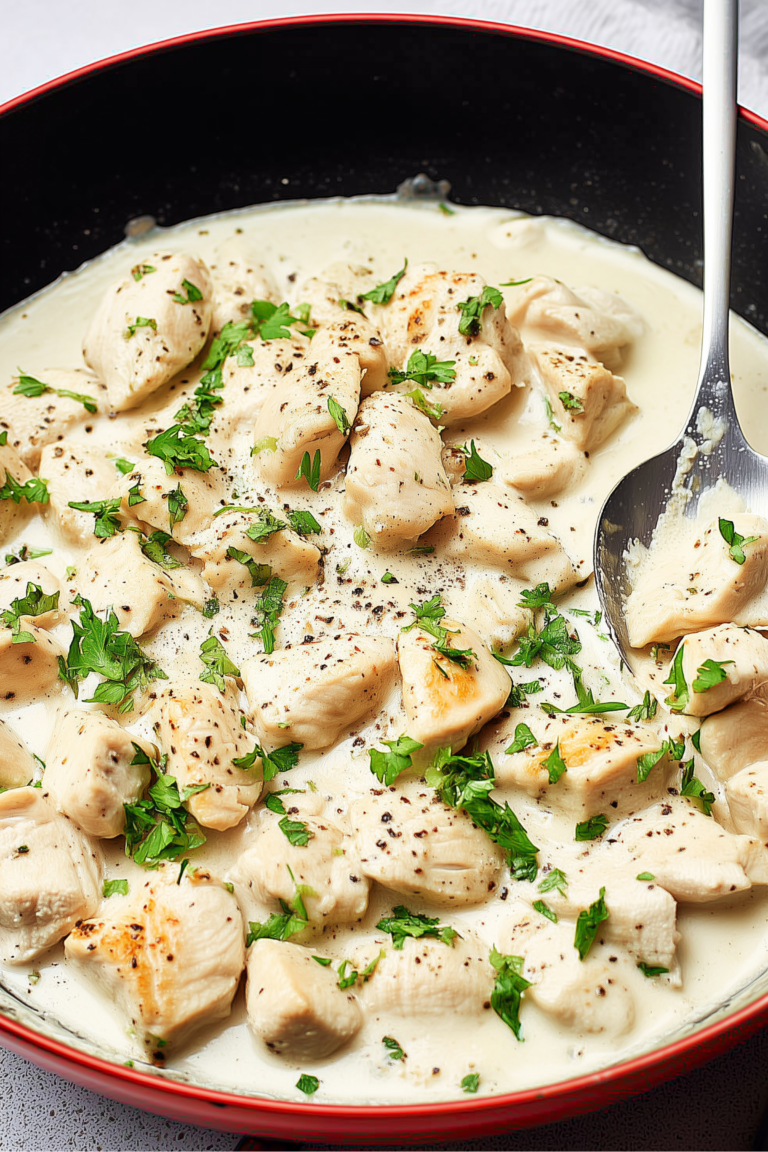 Juicy chicken breast chunks in rich Alfredo cream sauce topped with chopped parsley in a skillet