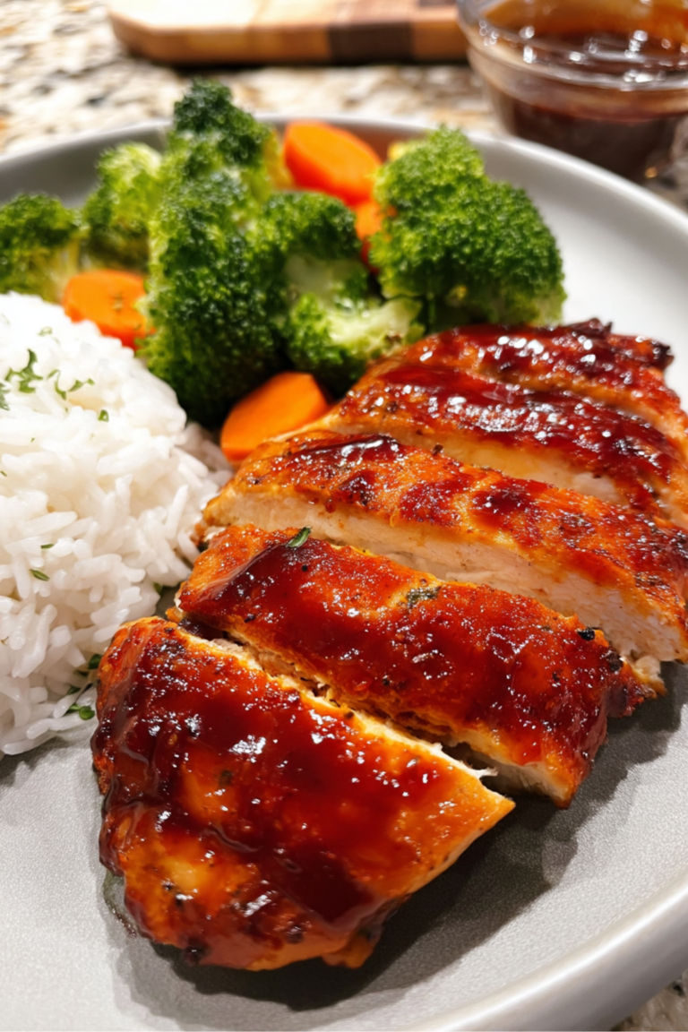 Plated BBQ chicken breast slices served with white rice, broccoli, and carrots