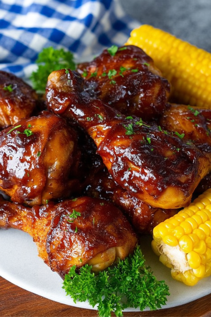 Juicy barbecue chicken drumsticks served with corn on the cob and fresh parsley on a white plate