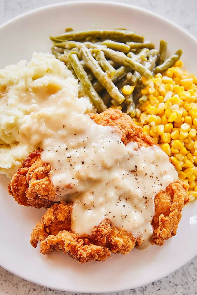 Chicken fried chicken smothered in gravy with mashed potatoes, green beans, and corn